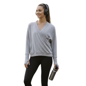 Zuda QVC Sweater Womens Small Gray Faux Wrap Pullover Thumbholes Athletic Lounge